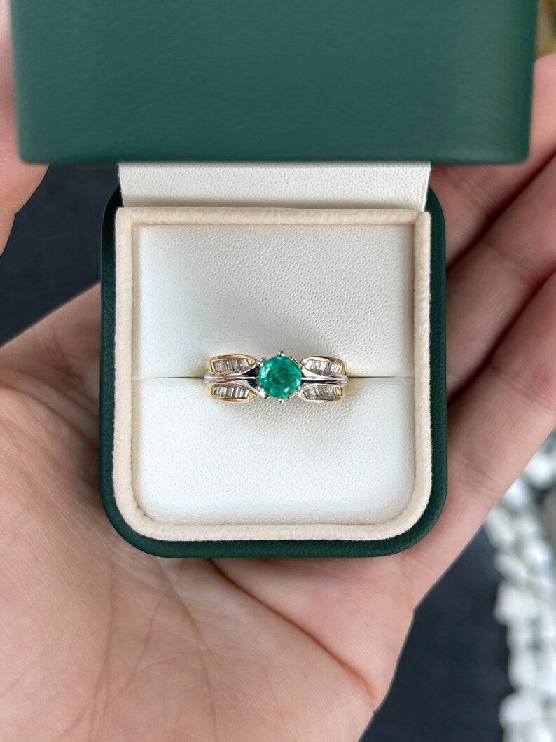 Classic Charm: Two-Toned Gold Round Cut Emerald & Tapered Baguette Diamond 0.85tcw 14K Gold Engagement Ring