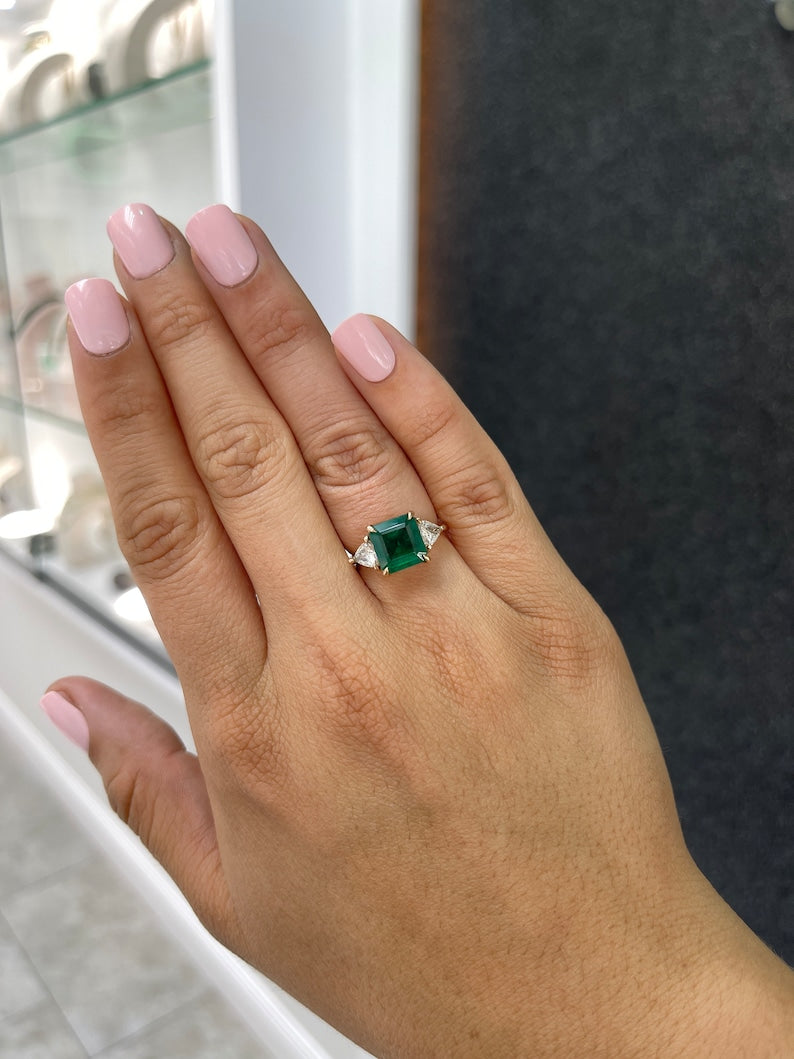 4.60tcw 14K Gold Natural Trillion Asscher Cut Emerald & Diamond Three Stone 585 Engagement Ring