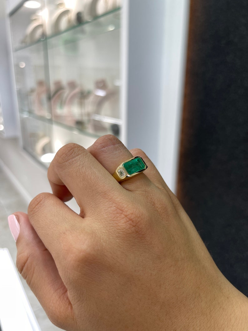 4.27tcw 18K Gold East to West Emerald Cut & Diamond Gypsy Unisex 3 Stone Ring - JR Colombian Emeralds