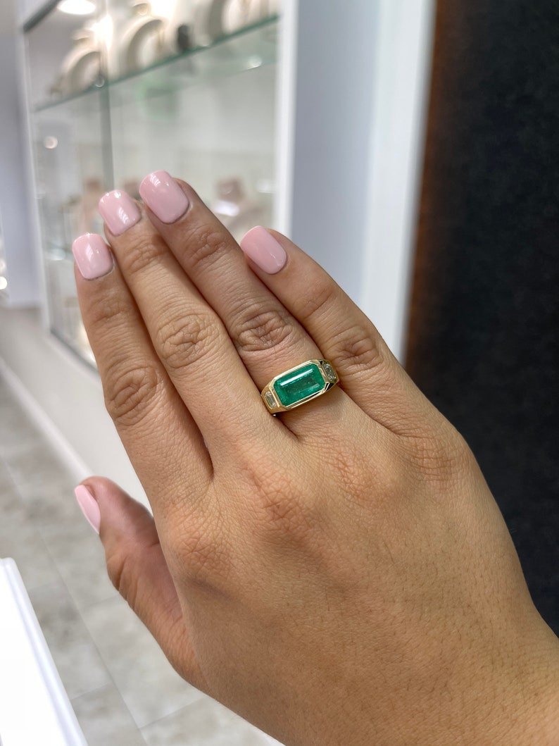 4.27tcw 18K Gold East to West Emerald Cut & Diamond Gypsy Unisex 3 Stone Ring - JR Colombian Emeralds