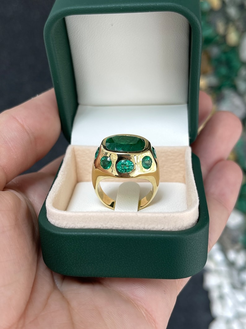 11.61tcw 18K Gold Cushion Oval Cut Natural Multi-Emerald Gypsy Statement 9 Stone Ring