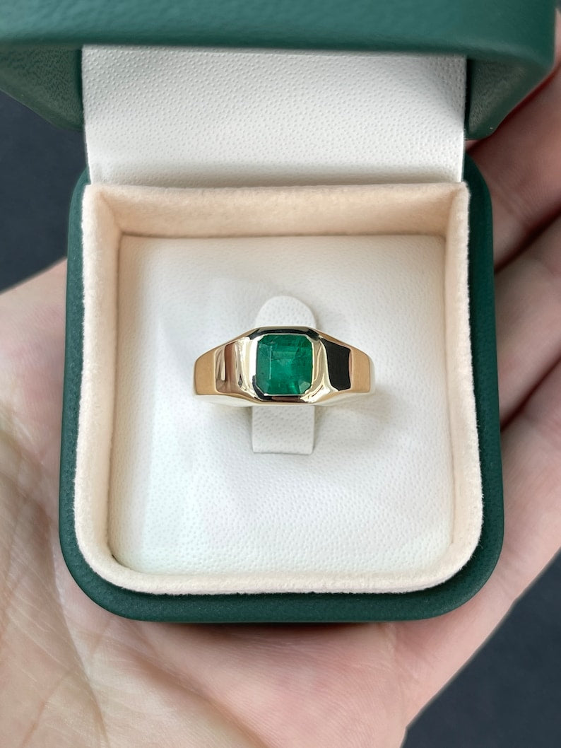 1.17ct 14K Deep Alpine Green Asscher Cut Unisex Emerald Solitaire Men's Ring - JR Colombian Emeralds