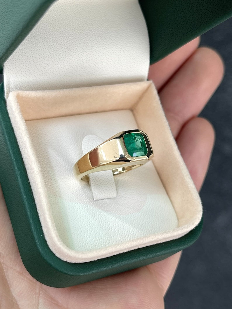 1.17ct 14K Deep Alpine Green Asscher Cut Unisex Emerald Solitaire Men's Ring - JR Colombian Emeralds