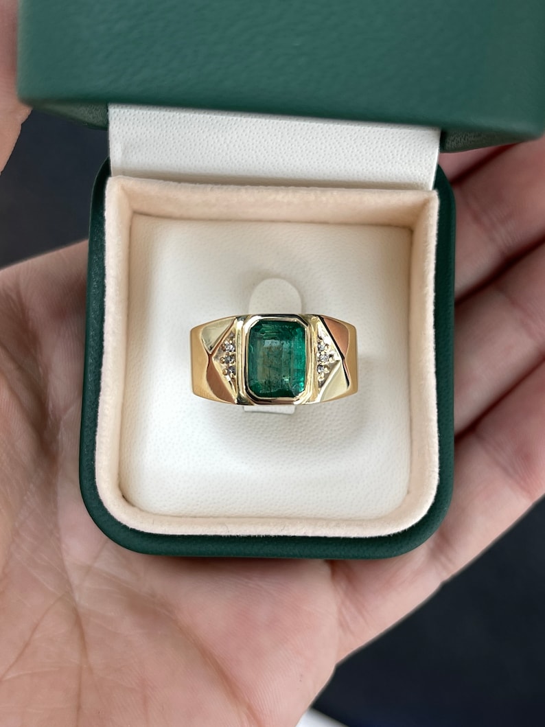 2.73tcw 14K Gold Dark Green Natual Emerald Cut & Diamond Accent Men's Ring