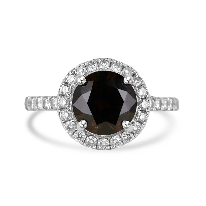 14K AIG Certified Natural Dark Brown Diamond Engagement Ring with 2.47 Total Carat Weight & Diamond Halo