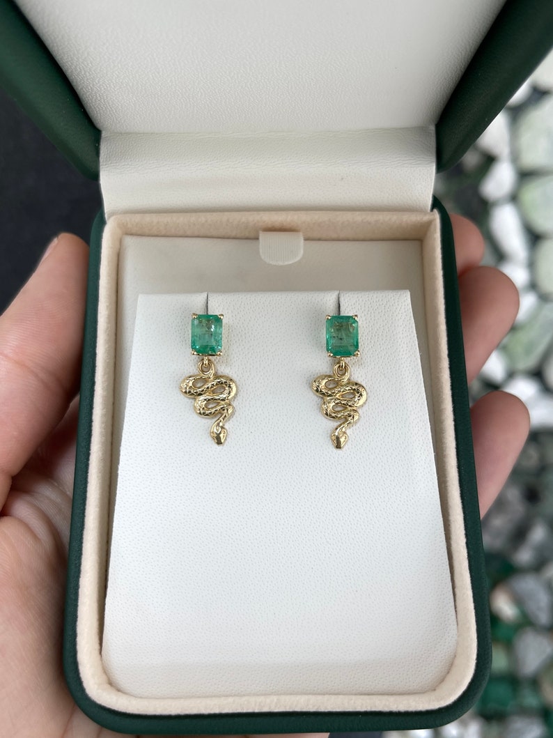 Emerald & Gold Snake Dangle Stud Earrings