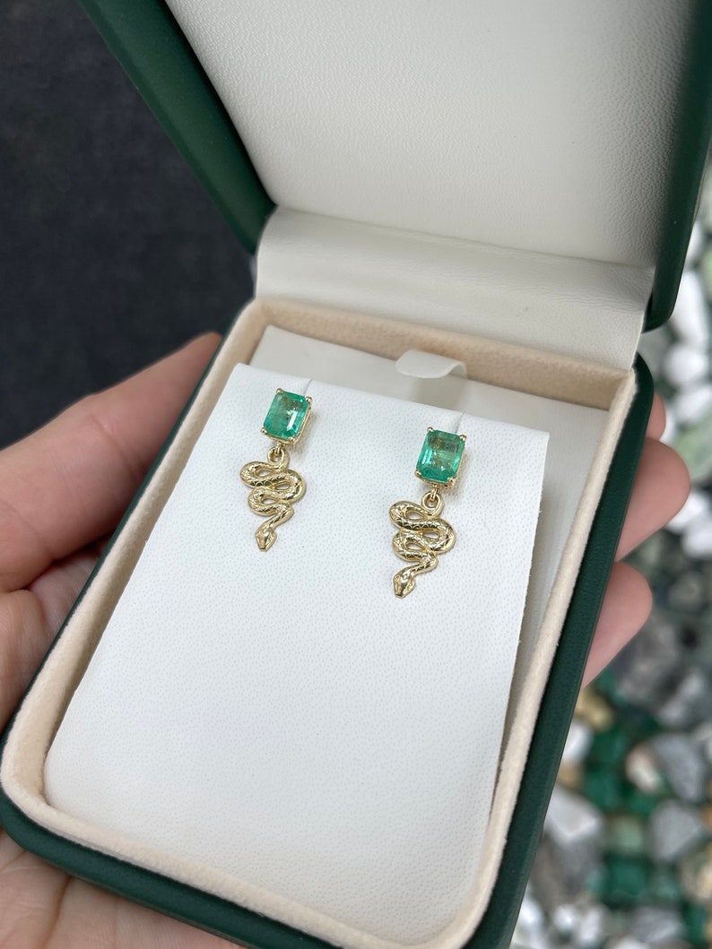 2.10tcw 14K Natural Emerald & Gold Snake Dangle Stud Earrings - JR Colombian Emeralds