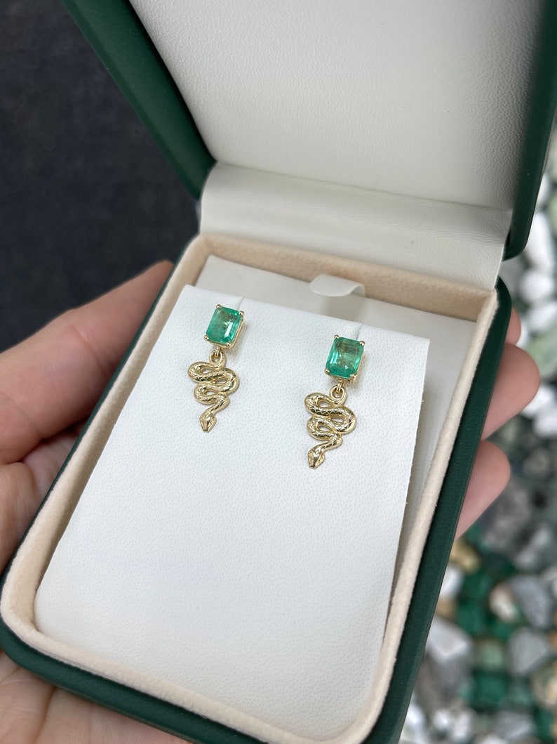 2.10tcw 14K Natural Emerald & Gold Snake Dangle Stud Earrings