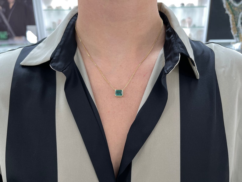 4.20 Carat East to West Deep Bluish Green Emerald Cut Bezel Set Necklace 14K - JR Colombian Emeralds