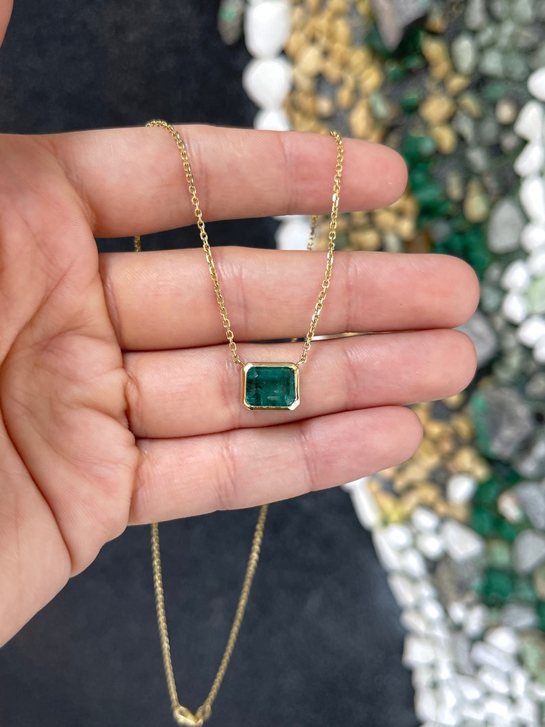 4.20 Carat East to West Deep Bluish Green Emerald Cut Bezel Set Necklace 14K - JR Colombian Emeralds