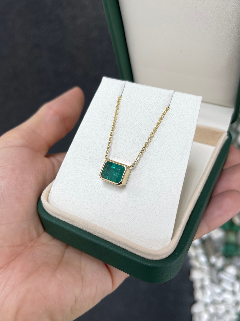 4.20 Carat East to West Deep Bluish Green Emerald Cut Bezel Set Necklace 14K