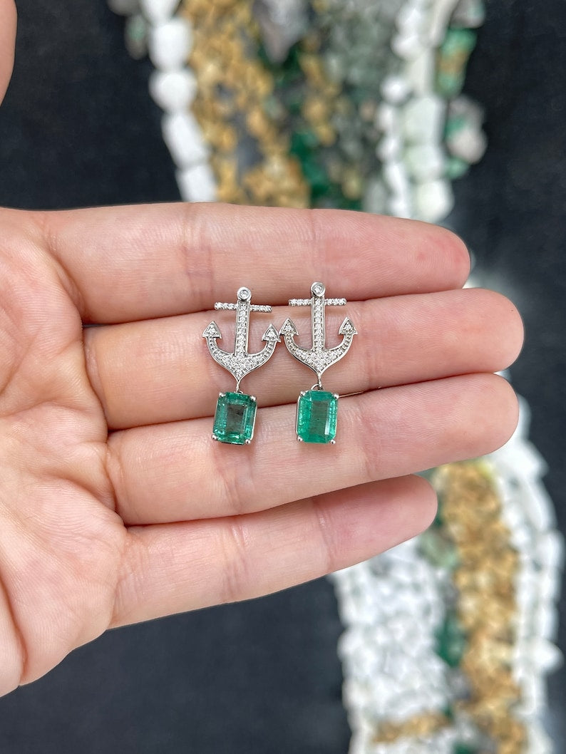 Dangle Earrings Featuring 14K Gold Anchors with Lush Green Emeralds and Diamonds