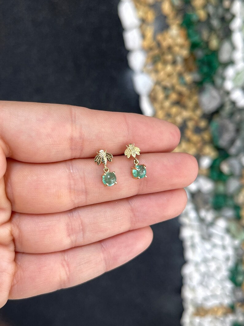 1.50tcw 14K Gold Lush Green Round Cabochon Cut 4 Prong Emerald Bumblebee Bee Dangle Earring