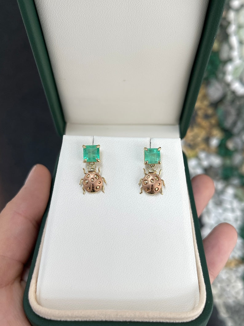 14K Rose Gold Lady Bug Earrings featuring 2.0tcw Medium Green Emeralds