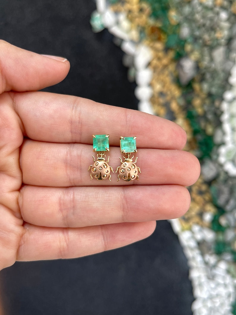 2.0tcw 14K Medium Green Emerald Asscher Cut & Rose Gold Lady Bug Dangle Earrings - JR Colombian Emeralds