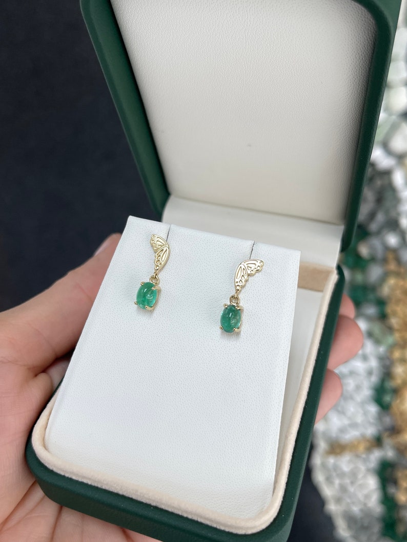 2.05tcw 14K Green Cabochon Oval Cut Emerald Half Butterfly Dangle Earrings - JR Colombian Emeralds