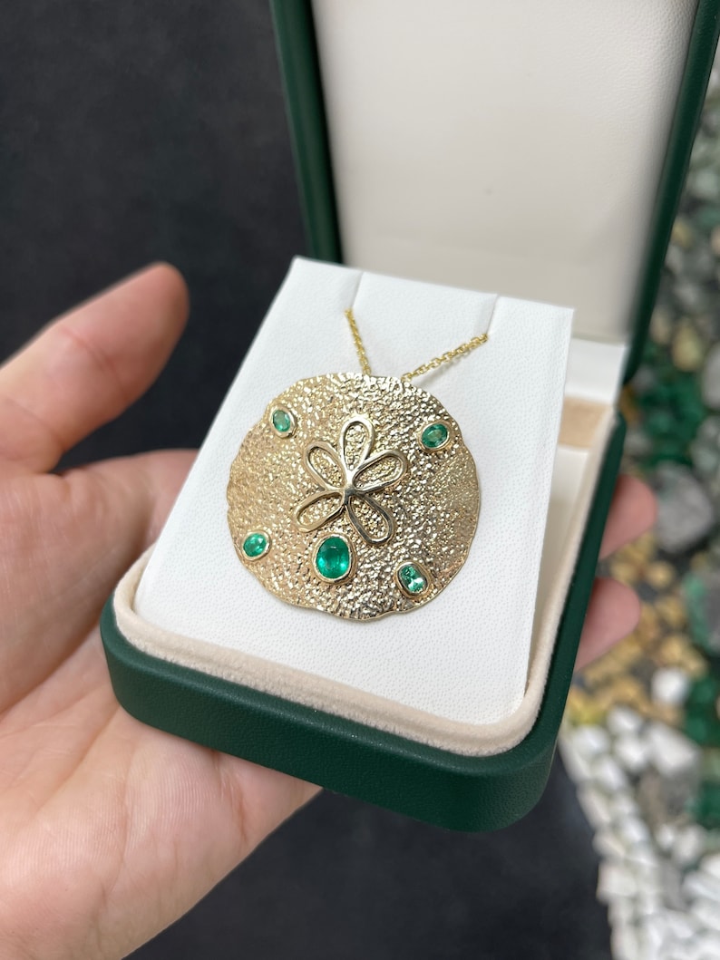 2.10tcw 14K Natural Ocean Emerald Sand Oval Cut Dollar Gold Pendant Necklace - JR Colombian Emeralds