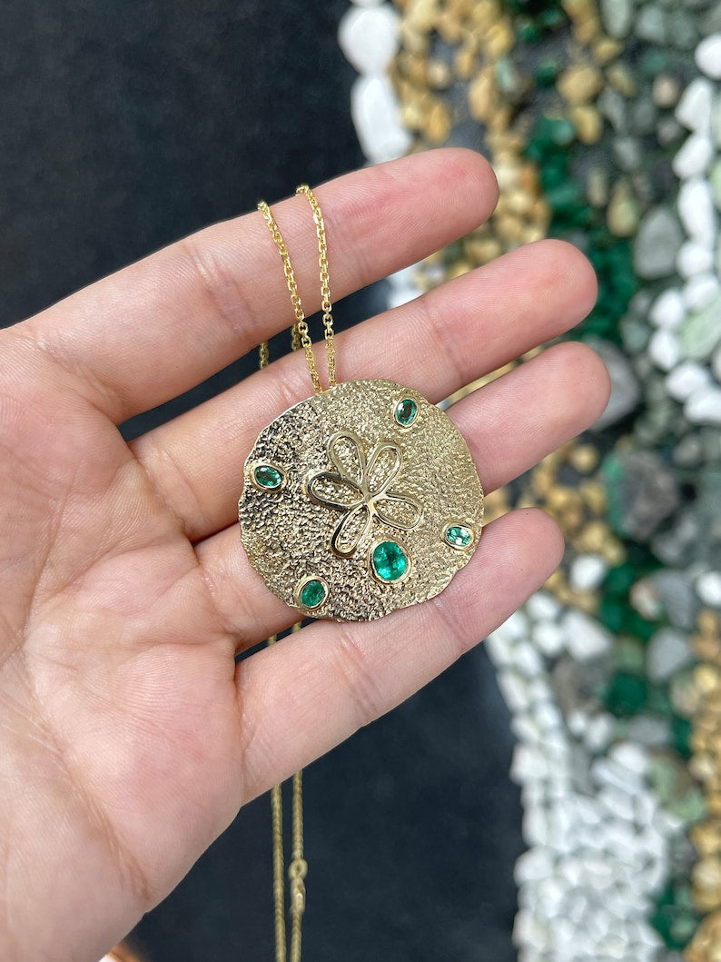 2.10tcw 14K Natural Ocean Emerald Sand Oval Cut Dollar Gold Pendant Necklace - JR Colombian Emeralds