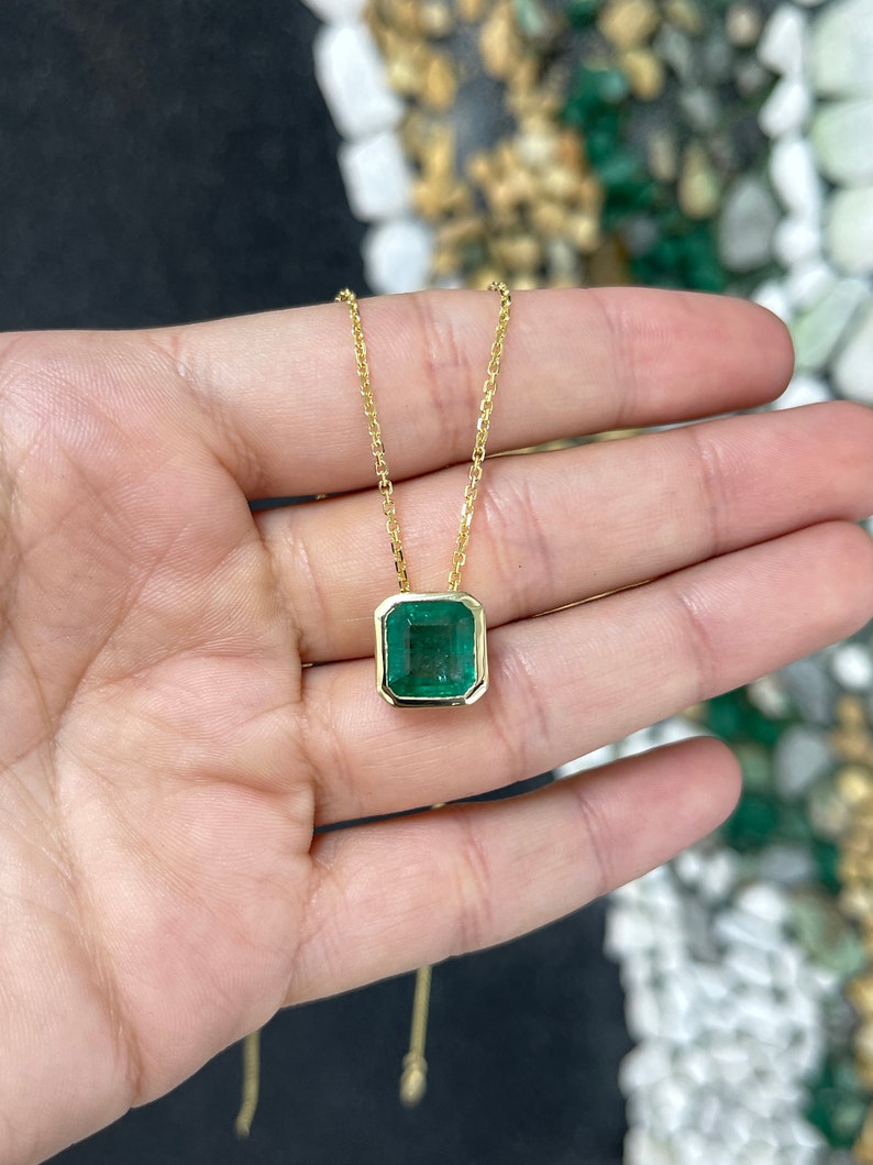 4.40ct 14K Gold Natural Asscher Cut Medium Dark Green Emerald Solitaire Gold Pendant Necklace