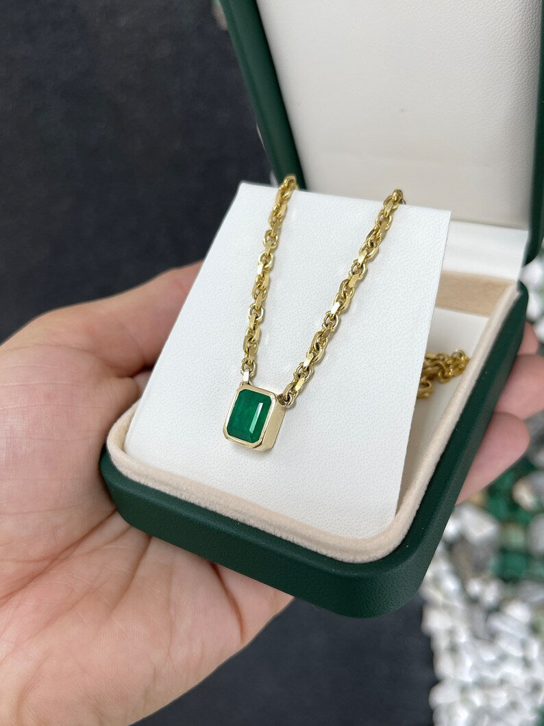 3.45ct 14K Gold Dark Green Natural Emerald Cut 3mm Anchor Chain Bezel Solitaire Necklace