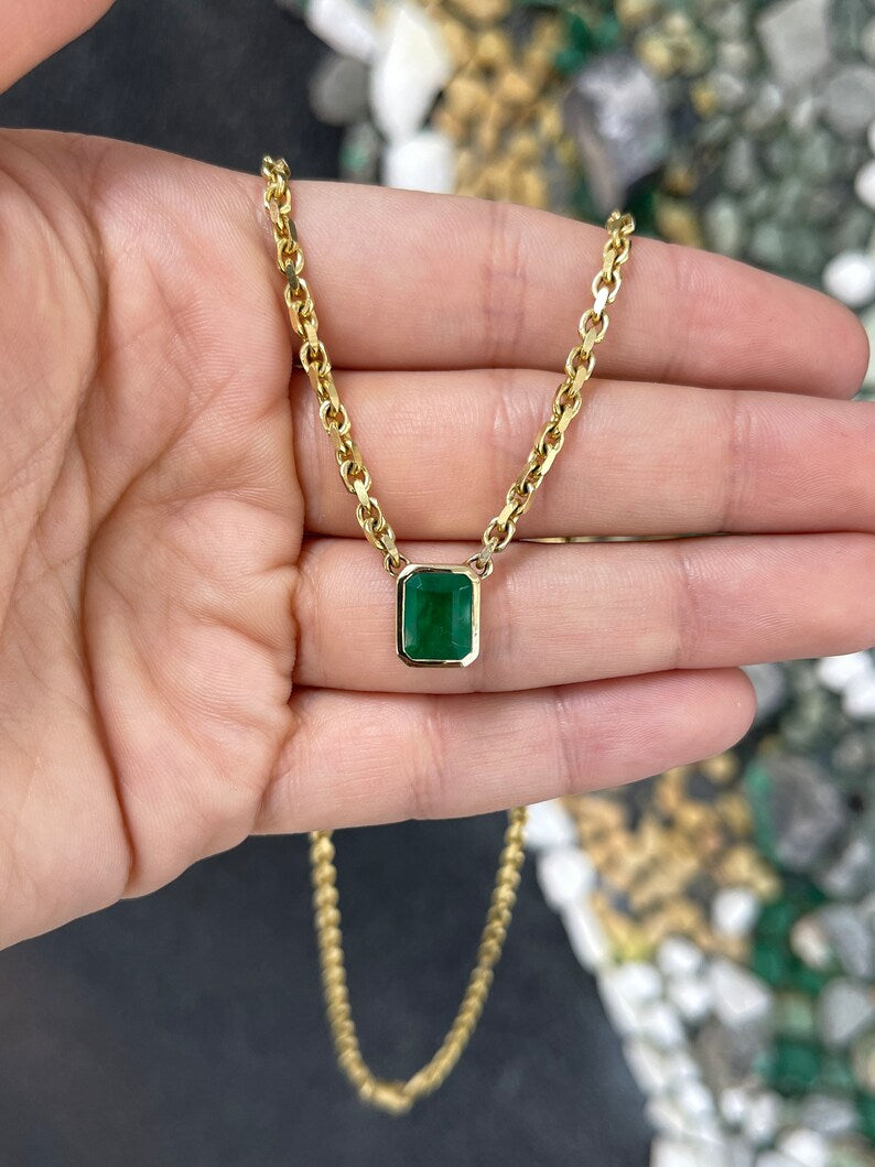 3.45ct 14K Gold Dark Green Natural Emerald Cut 3mm Anchor Chain Bezel Solitaire Necklace - JR Colombian Emeralds