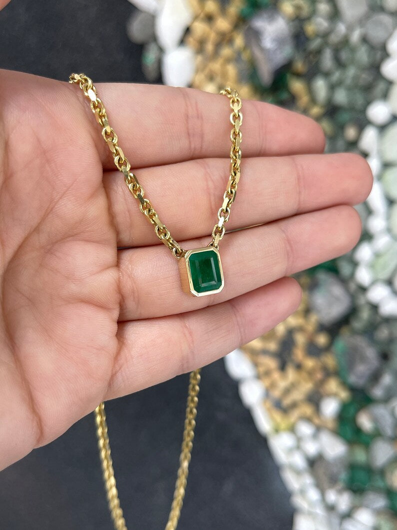 3.45ct 14K Gold Dark Green Natural Emerald Cut 3mm Anchor Chain Bezel Solitaire Necklace - JR Colombian Emeralds