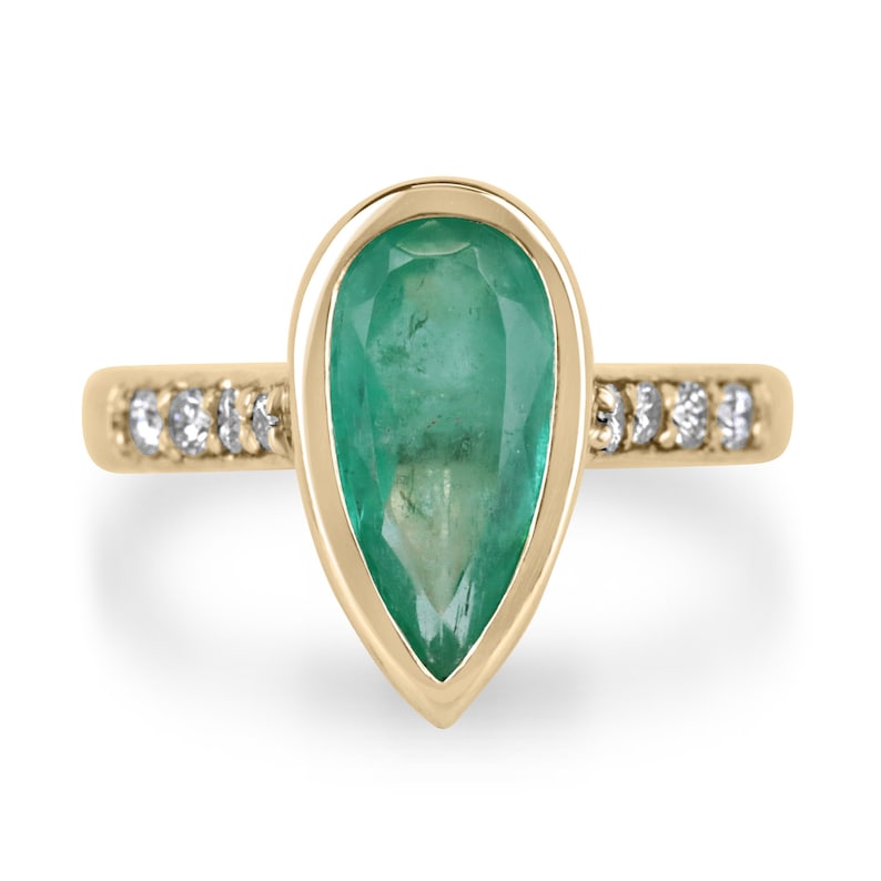 14K Pear Cut Medium Green Emerald Ring with 2.21 Total Carat Weight - Ideal for Engagement