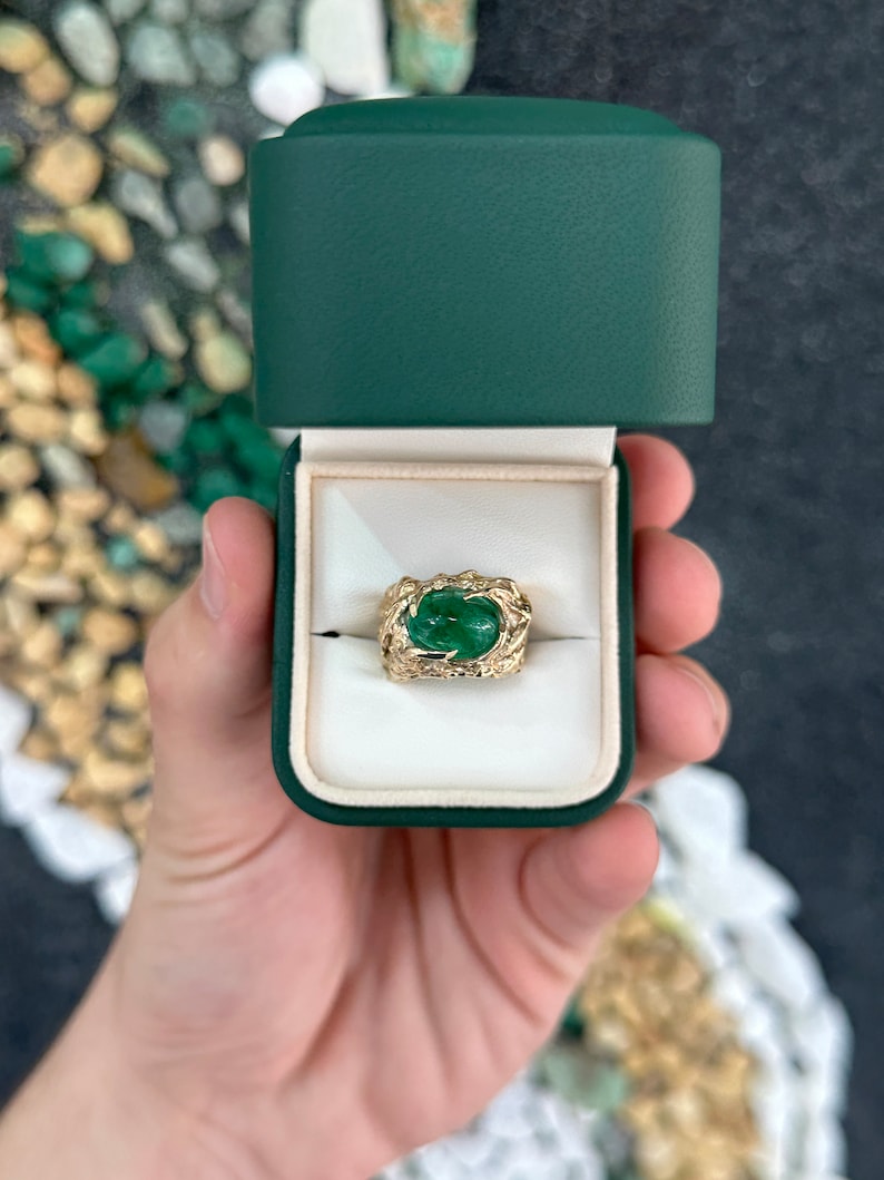 Special price for Vincent - 4.82ct 14K Gold Nugget Dark Vivid Unisex Cabochon Emerald Men's Pinky Ring - JR Colombian Emeralds