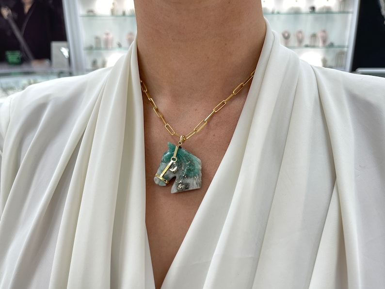 91.43ct 14K Hand Craved Emerald Rough Horse Side Profile With Gold Bridle Pendant