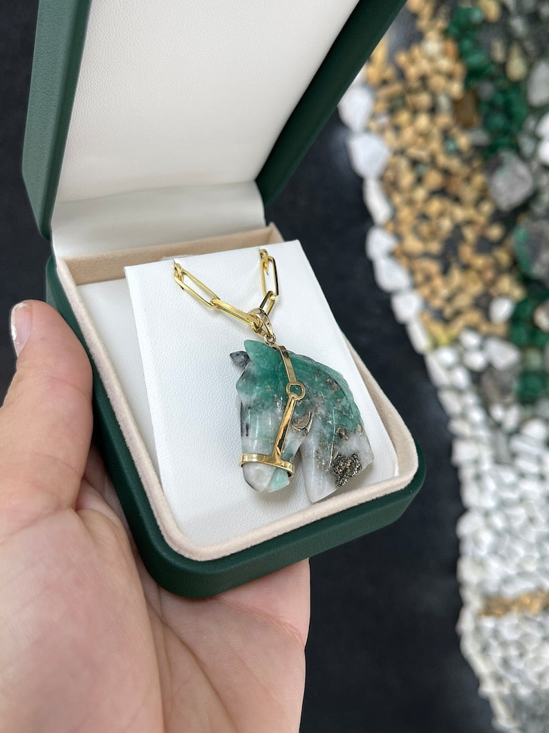 91.43ct 14K Hand Craved Emerald Rough Horse Side Profile With Gold Bridle Pendant - JR Colombian Emeralds