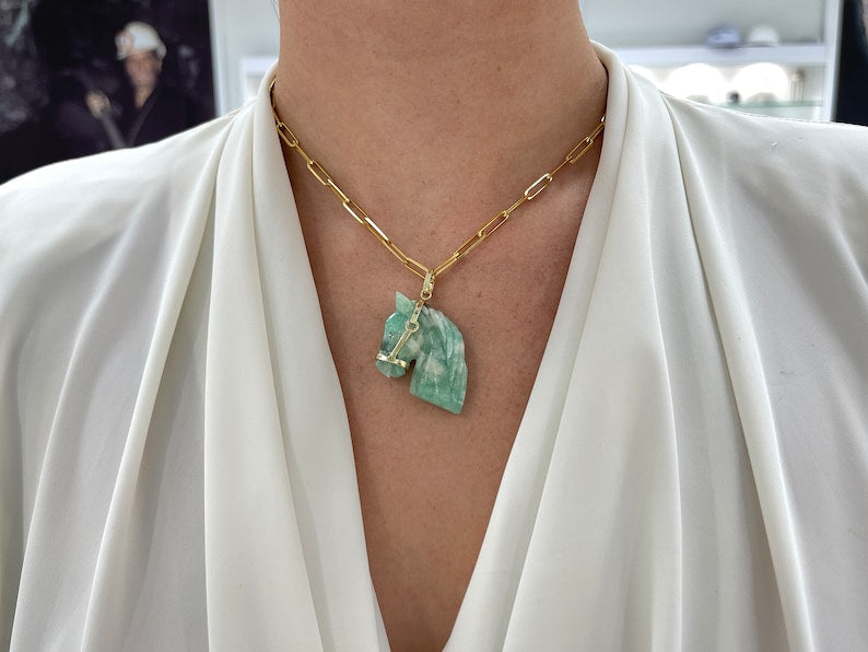 55.84ct 14K Hand Craved Emerald Rough Horse Side Profile With Gold Bridle Pendant - JR Colombian Emeralds