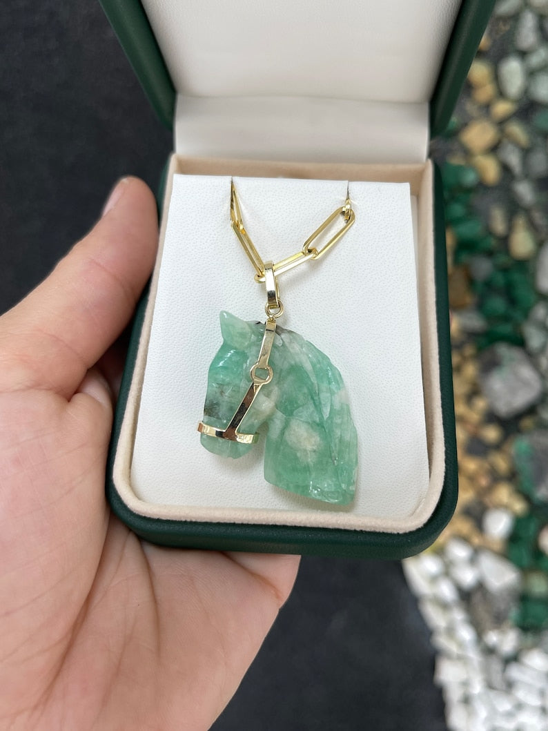 Hand Craved Colombian Emerald Rough Horse Pendant 