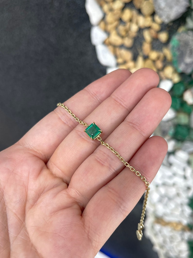 1.70ct 14K Dark Rich Green Four Prong Diamond Chain Asscher Cut Emerald Gold Bracelet