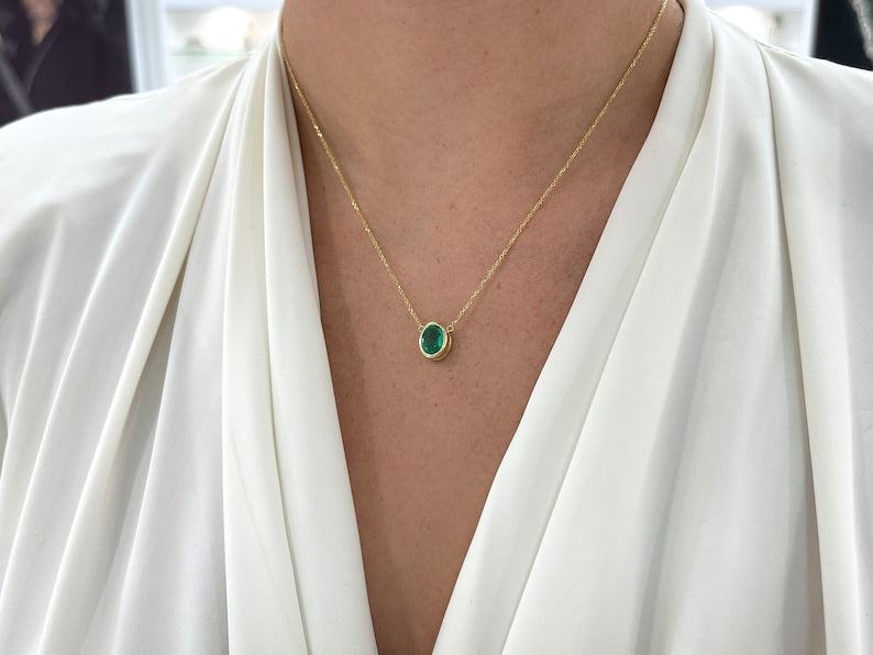 1.80ct 14K Gold Vertically Set Oval Cut Vivid Medium Green Emerald Stationary Pendant Necklace - JR Colombian Emeralds