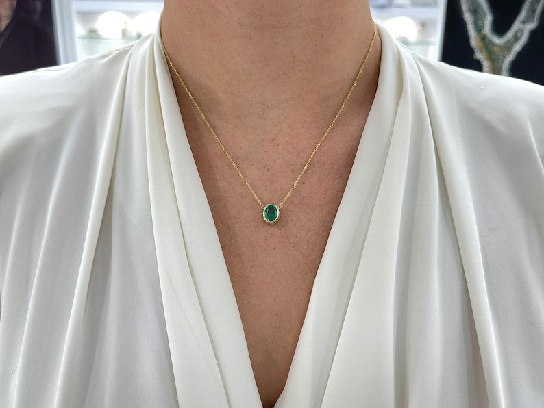 1.80ct 14K Gold Vertically Set Oval Cut Vivid Medium Green Emerald Stationary Pendant Necklace - JR Colombian Emeralds