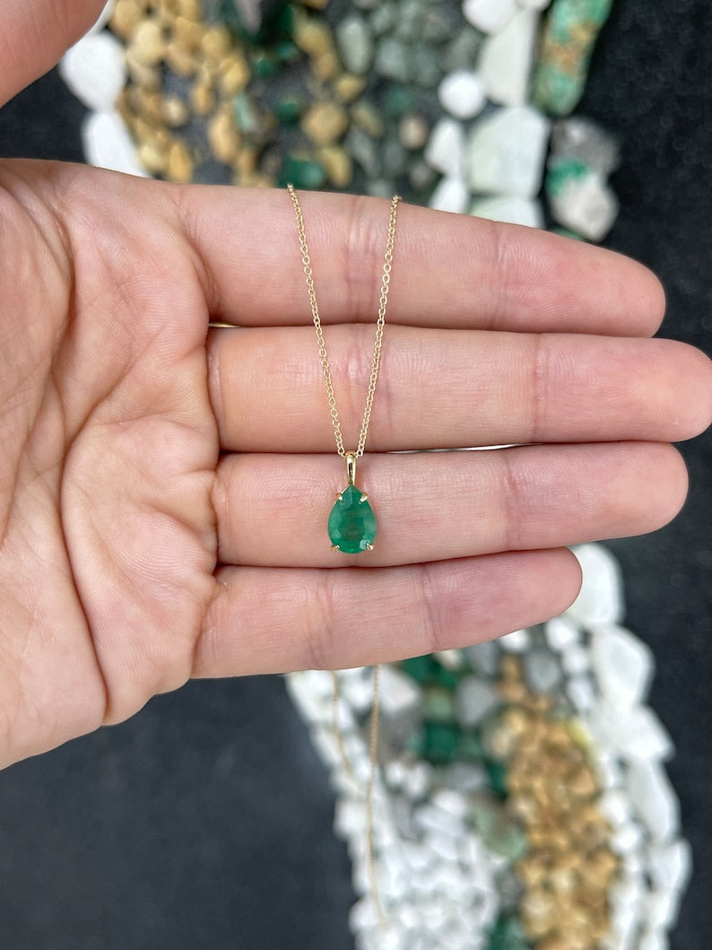 2.0ct Medium Dark Green Natural Pear Cut Emerald Solitaire Pendant 14K - JR Colombian Emeralds