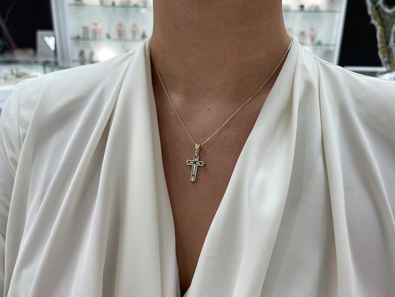 0.30tcw 14K Gold Rich Green Squared Emerald Princess Cut 2 Toned Religious Cross Necklaces