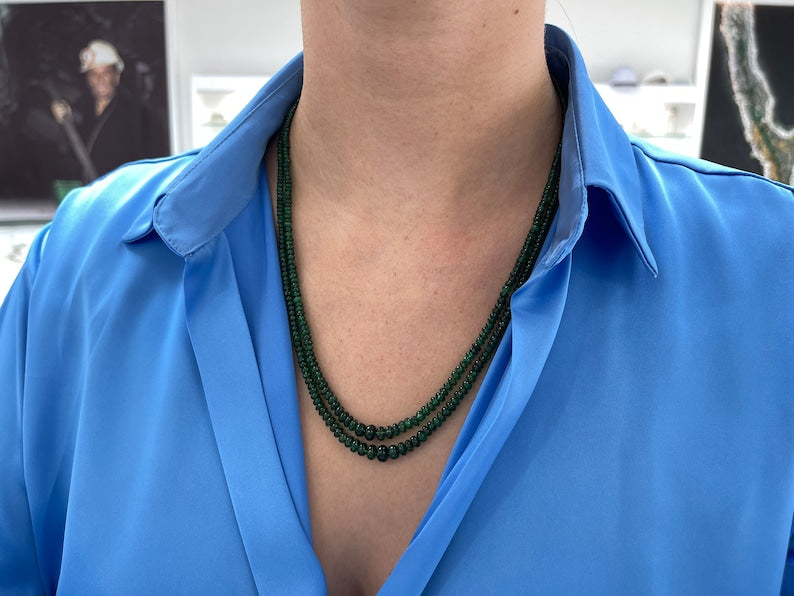 Elegant 2-Strand 14K Gold Necklace Featuring 118+ Carat Dark Green Rondelle Emerald Beads, 22 Inches