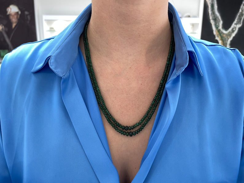 Dazzling 22-Inch Emerald Bead Necklace: 14K Gold, 2 Strands, Over 118 Carats in Dark Green Rondelles