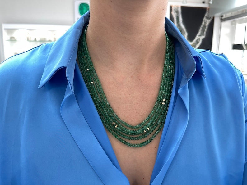 14K Gold Multi-Strand Necklace with 294+ Carat Medium Green Emerald Rondelle Beads