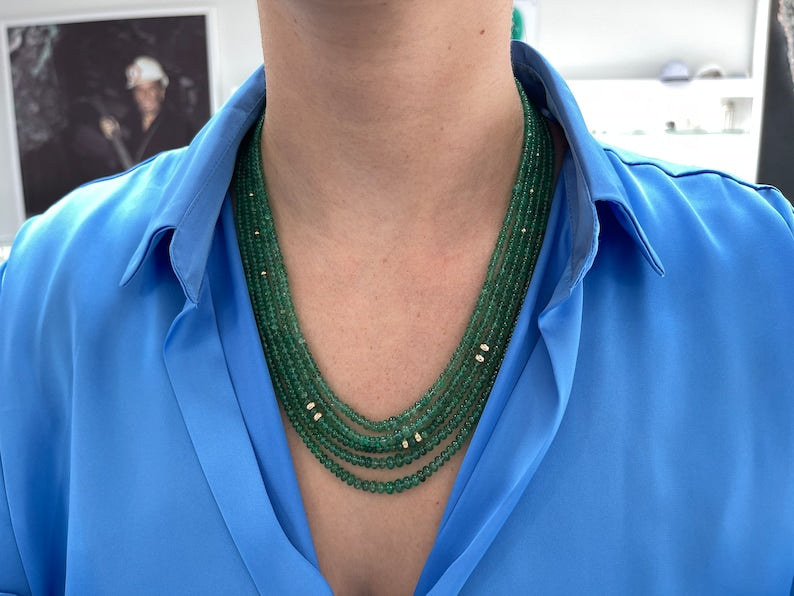 Emerald Rondelle Bead Necklace - 294+ Carat 14K Gold Five-Strand Design in Medium Green