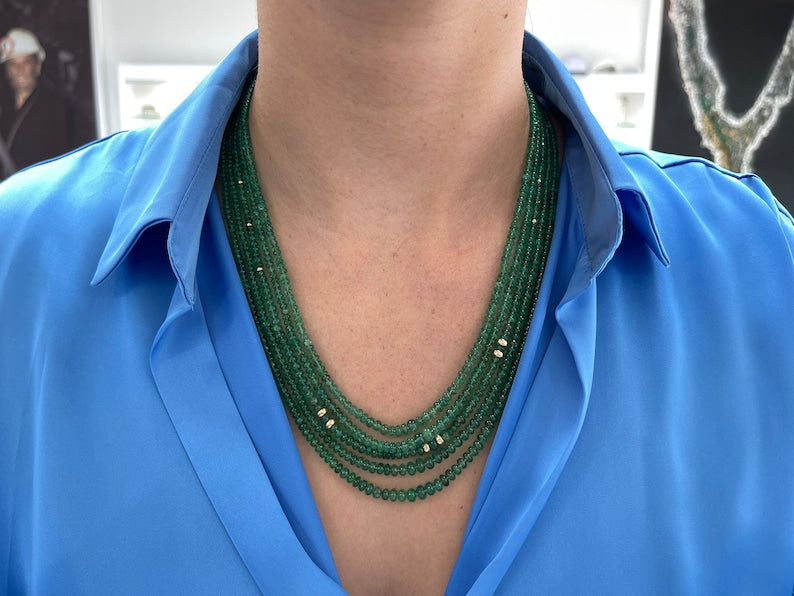 294+ Carat 14K Medium Green Round Emerald Rondelle Five Strand Bead Necklace - JR Colombian Emeralds