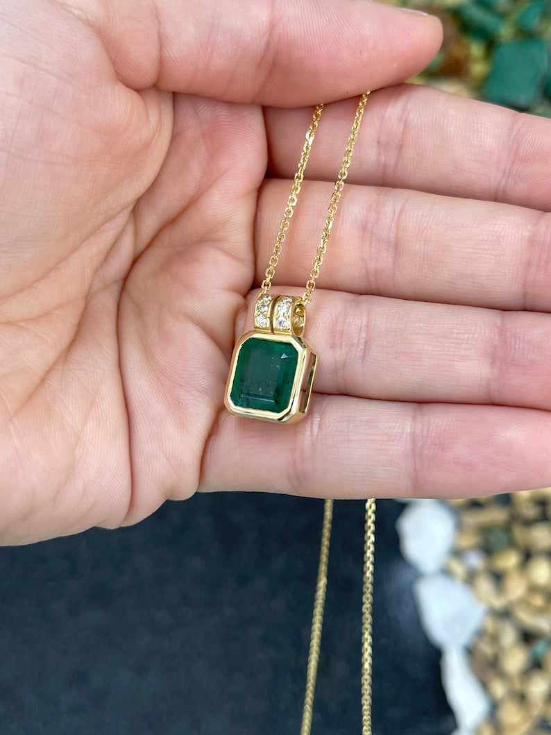18K Pendant Necklace: Dark Green Emerald and Round Cut Diamond Pave Setting with 5.70 Carats Total Weight