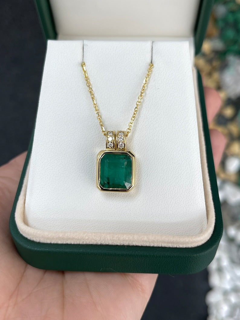 5.70tcw 18K Dark Forest Green Emerald Bezel Set & Brilliant Round Cut Diamond Pave Set Pendant Necklace - JR Colombian Emeralds