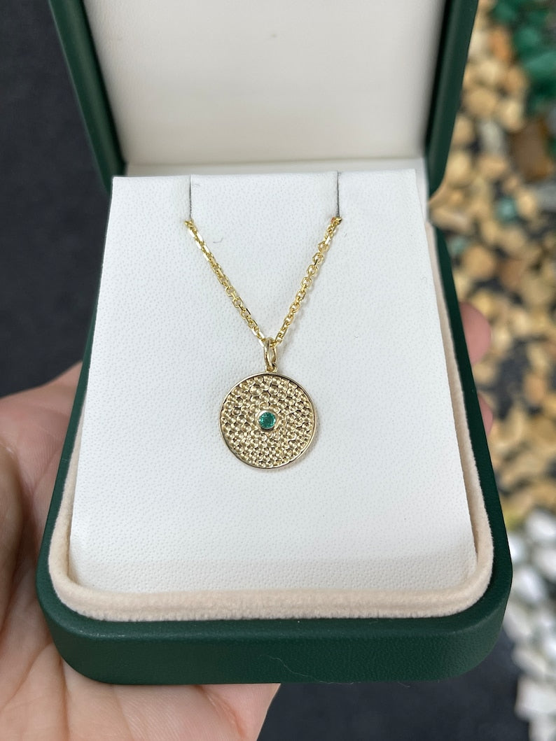0.10ct 14K Gold Natural Round Emerald Pendant