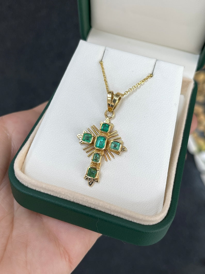 Vivid Medium Green Emeralds Enhance the Beauty of this 1.25tcw 18K Gold Cross Necklace