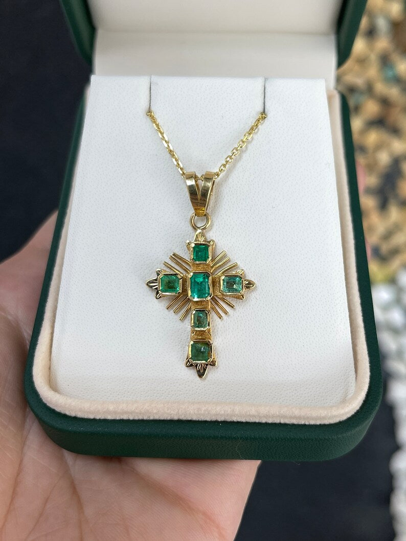 Exquisite 6-Stone Cross Necklace Featuring 1.25 Carats of Vivid Medium Green Emeralds in 18K Gold