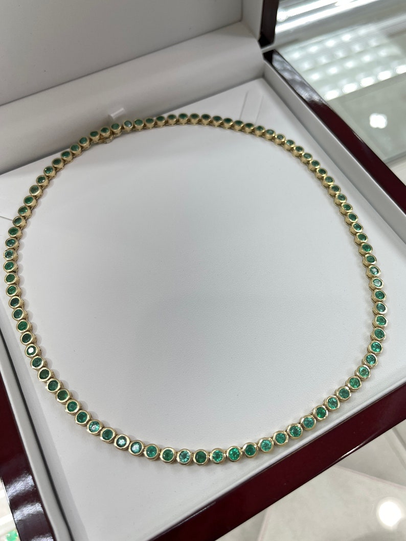 25.50tcw 14K Natural Round Medium Green Emerald Bezel Tennis Necklace - JR Colombian Emeralds