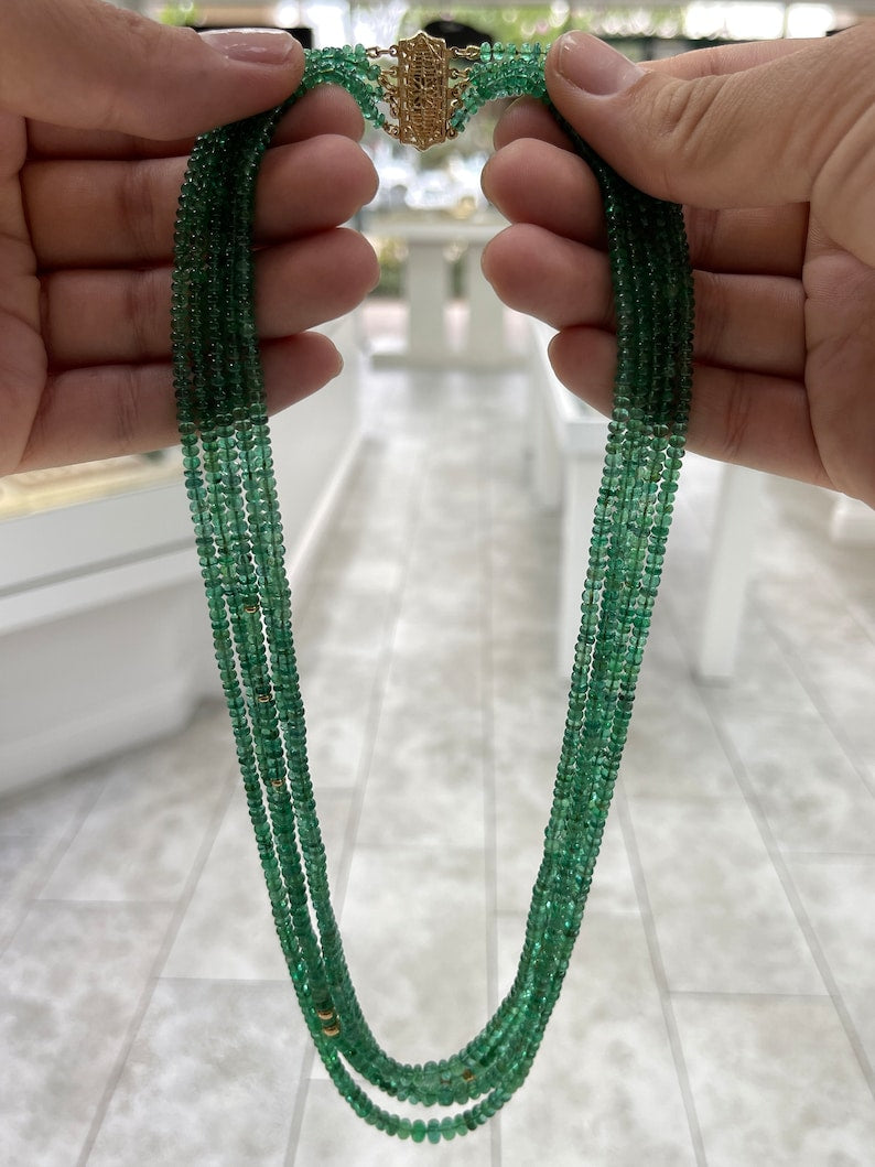 294+ Carat 14K Medium Green Round Emerald Rondelle Five Strand Bead Necklace - JR Colombian Emeralds