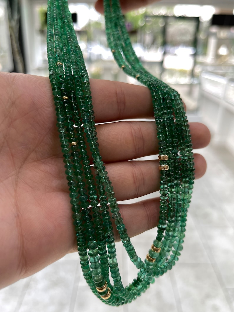 294+ Carat 14K Medium Green Round Emerald Rondelle Five Strand Bead Necklace